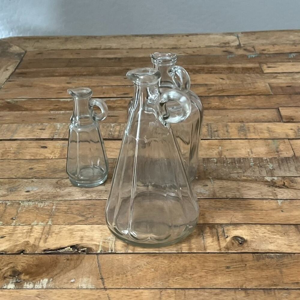 Antique Small Vinegar Cruet Tapered Bottles Pour Spout 1930s Set of 3